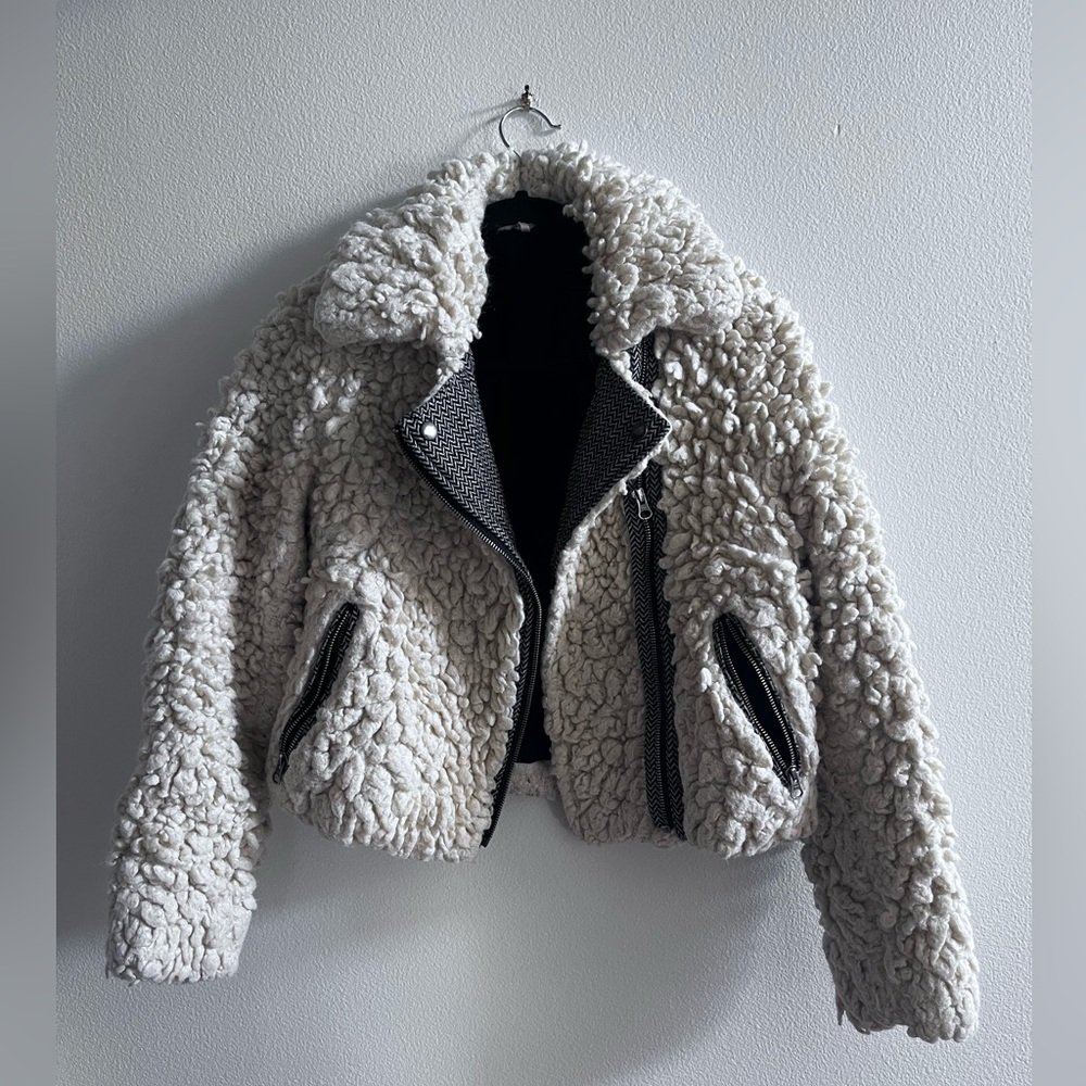 Free People Motorcycle Bomber Faux Shag Jacket